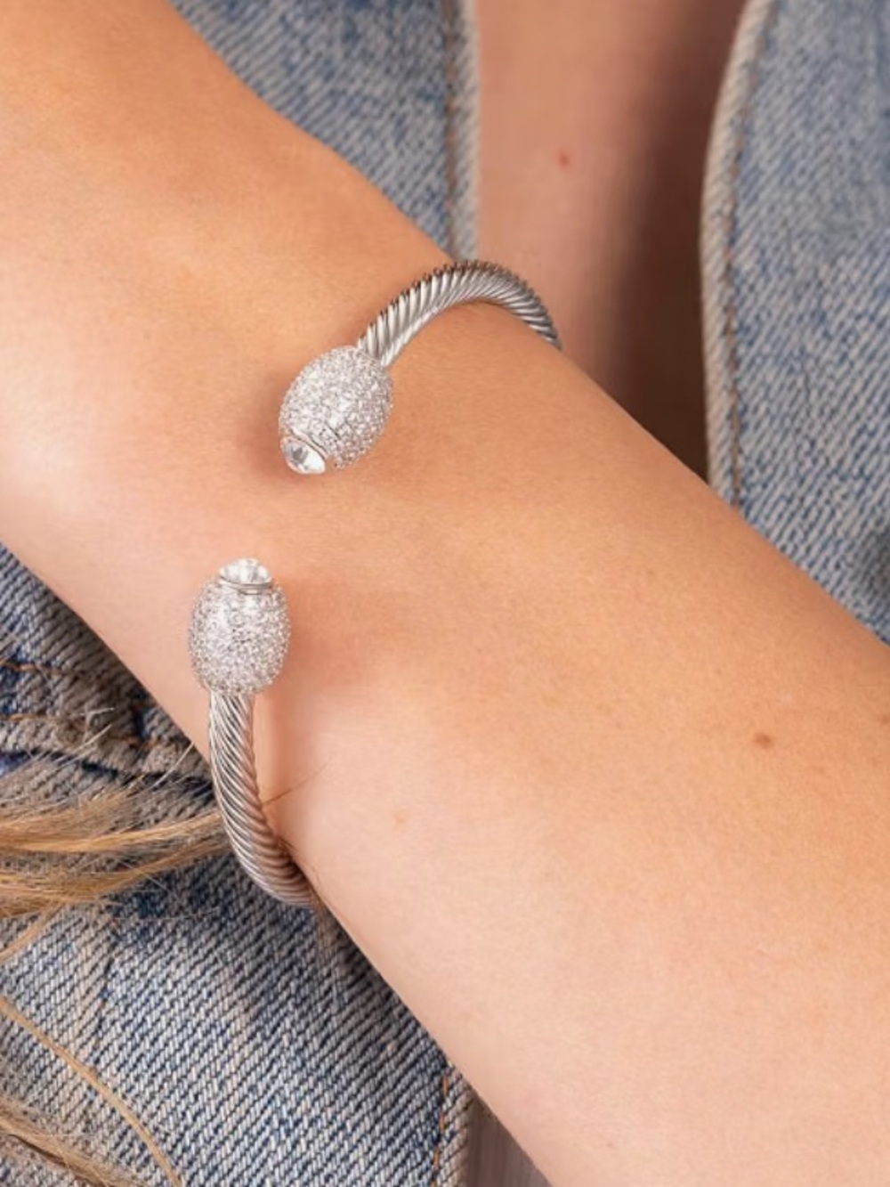 Sterling Silver Cable Open Cuff Bracelet with Pave End Caps